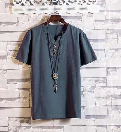Men's Button Loose Shirts Casual Male V Neck Short Sleeve Harajuku Linen T-shirt Tops ZJFS-1901