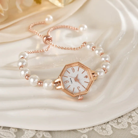Exquisite Pearl Women Bracelet Quartz Watches Adjustable Strap Luxury Small Simple Octagonal Dial Ladies Wristwatch Gift