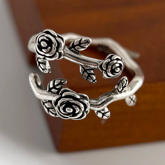 925 Sterling Silver Rings for Women Couple Minimalist Handmade Simple Retro Rose Flower Ring Fine Jewelry Gift Prevent Allergy