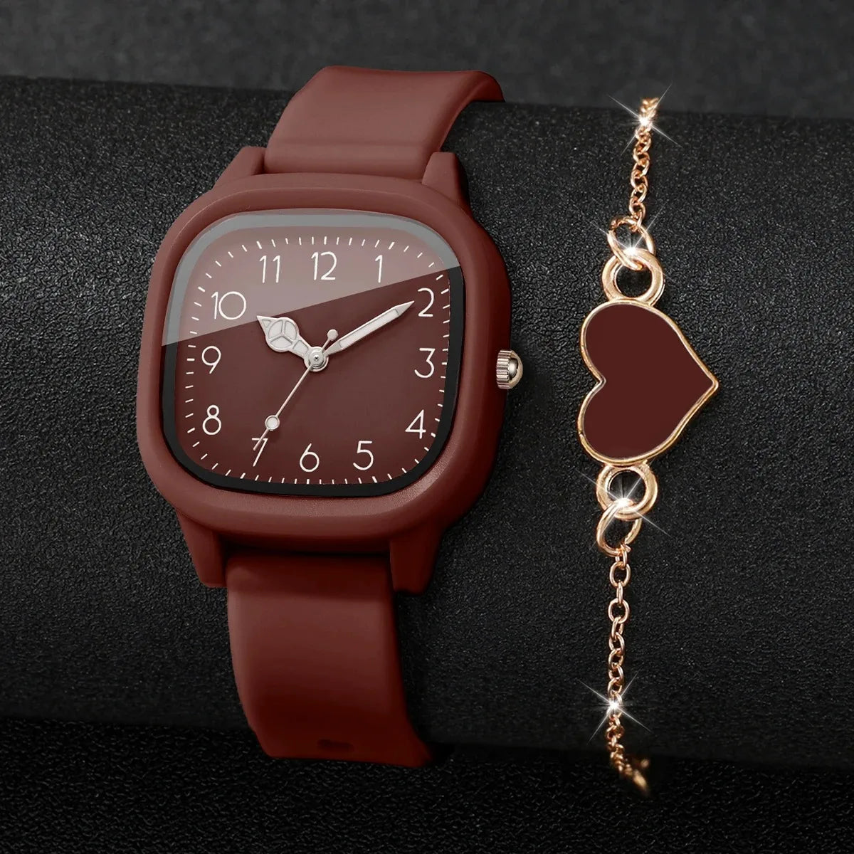 4PCS Fashion Square Women Watches Heart Bracelet Set Arabic Dial Silicone Strap Quartz Wristwatch Reloj Mujer Girls(Without Box)