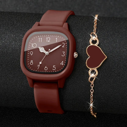 4PCS Fashion Square Women Watches Heart Bracelet Set Arabic Dial Silicone Strap Quartz Wristwatch Reloj Mujer Girls(Without Box)