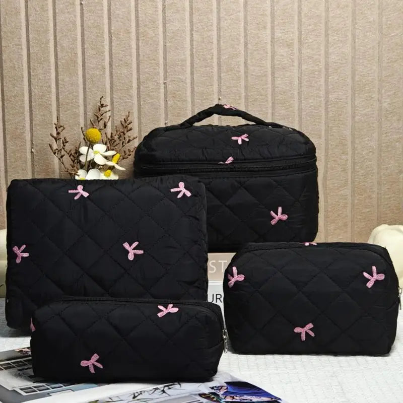 Black Women Portable Makeup Bag Large Capacity Bow Quilting Cosmetic Pouch Handbag Ladies Travel Toiletry Storage Bag