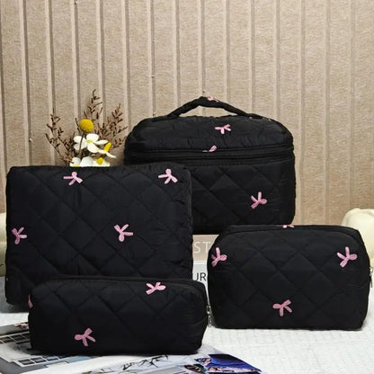 Black Women Portable Makeup Bag Large Capacity Bow Quilting Cosmetic Pouch Handbag Ladies Travel Toiletry Storage Bag