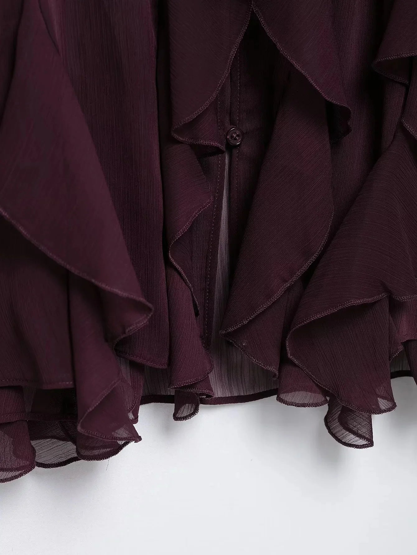 KONDALA Burgundy Mesh Ruffles Shirts For Women Elegant Long Sleeve See Through Loose Tops 2025 New Female High Street Partywear