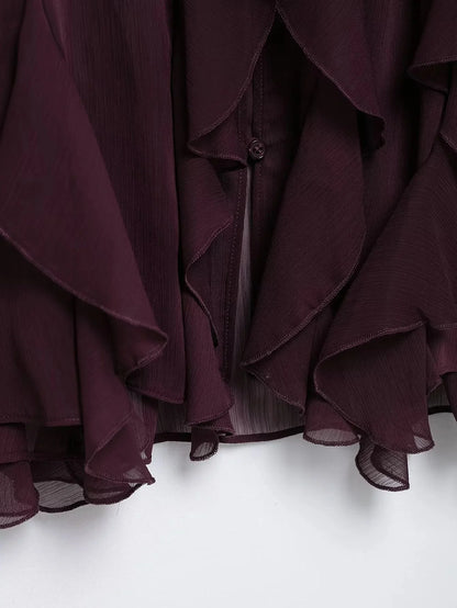 KONDALA Burgundy Mesh Ruffles Shirts For Women Elegant Long Sleeve See Through Loose Tops 2025 New Female High Street Partywear