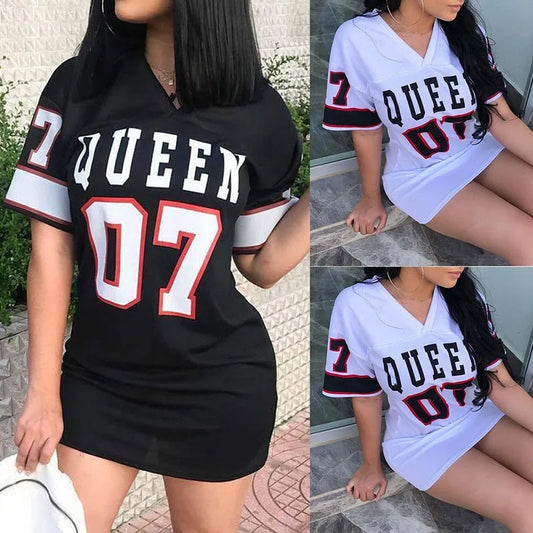2025 New Fashion V-Neck Queen Letters Print Dress Short Sleeve