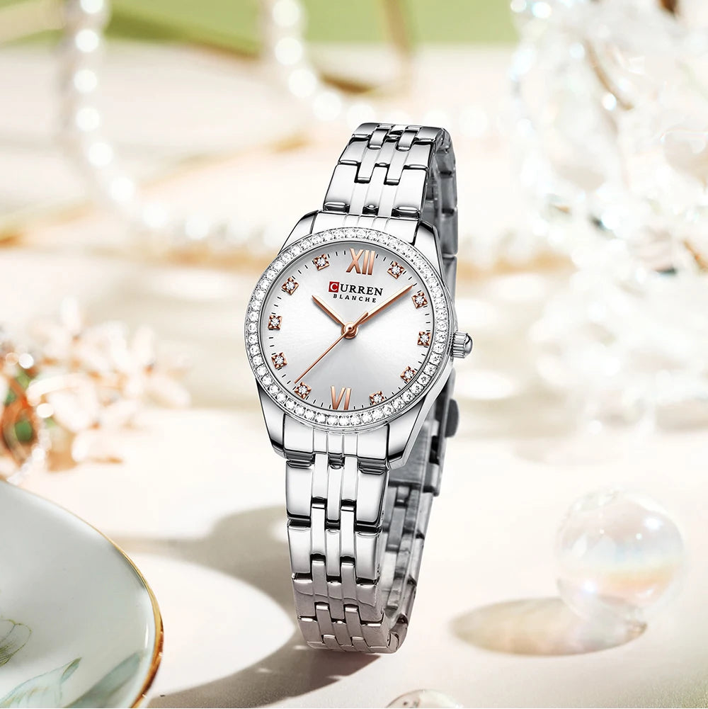 CURREN Luxury Watch Women Ring Necklace Earrings Rhinestone Fashion Wristwatch Female Casual Ladies Watches Bracelet 5PCS Set