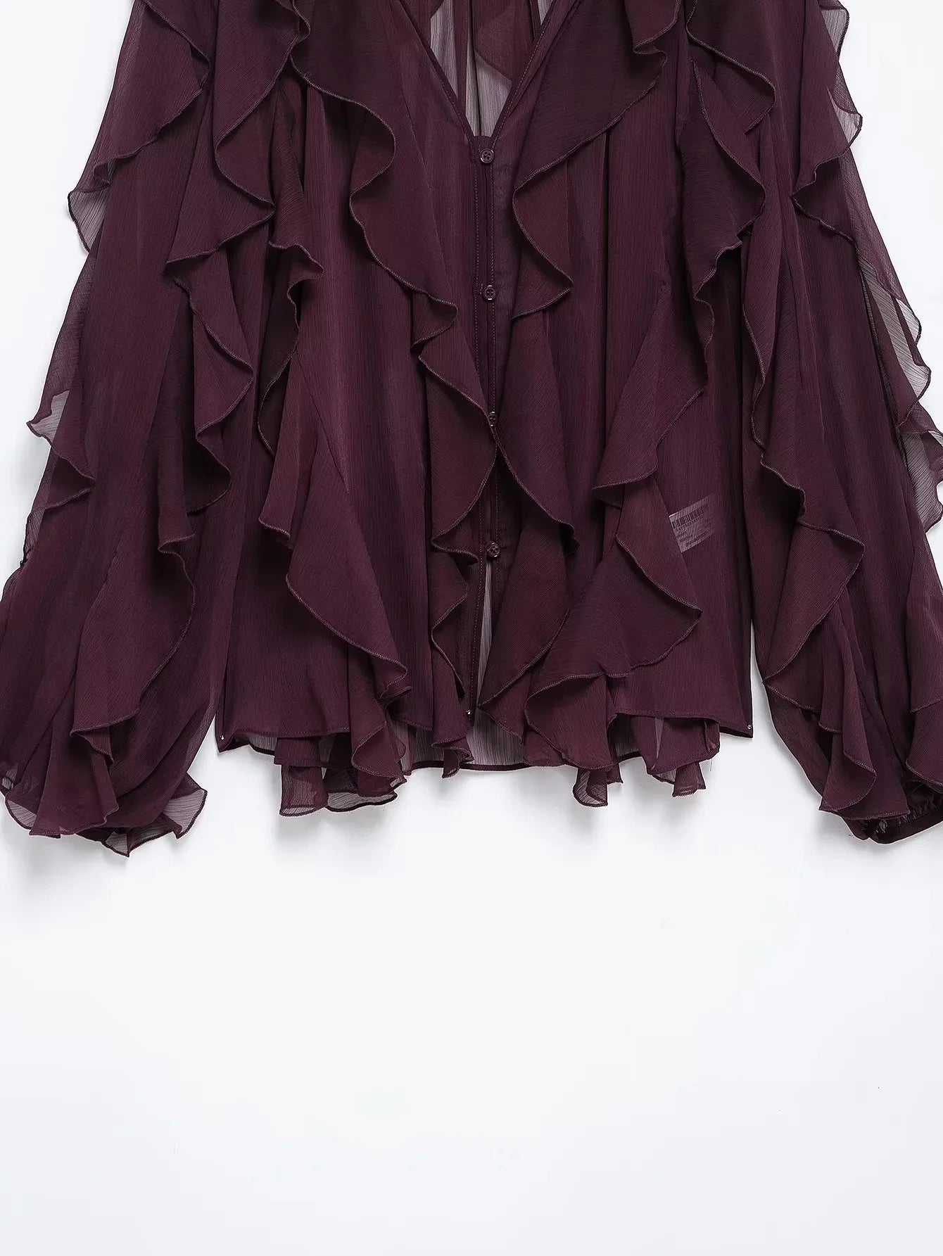 KONDALA Burgundy Mesh Ruffles Shirts For Women Elegant Long Sleeve See Through Loose Tops 2025 New Female High Street Partywear