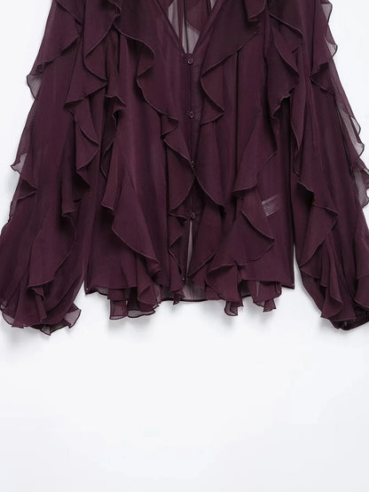 KONDALA Burgundy Mesh Ruffles Shirts For Women Elegant Long Sleeve See Through Loose Tops 2025 New Female High Street Partywear