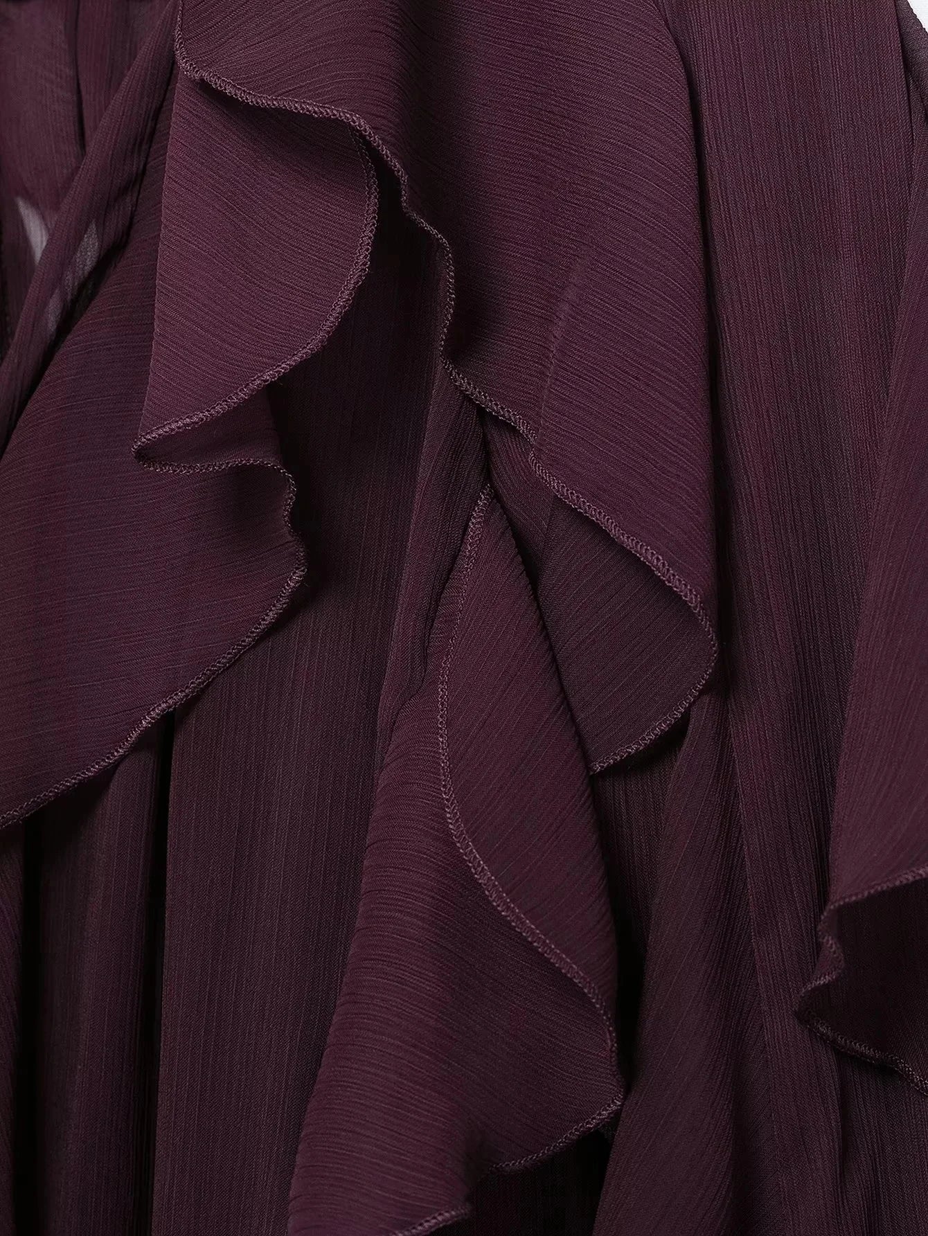 KONDALA Burgundy Mesh Ruffles Shirts For Women Elegant Long Sleeve See Through Loose Tops 2025 New Female High Street Partywear