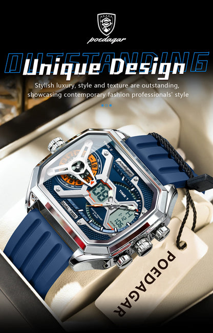 POEDAGAR Luxury Men Wristwatch Date Week Luminous LED Quartz Man Clock Silicone Strap Electronic Dual Time Fashion Men's Watches