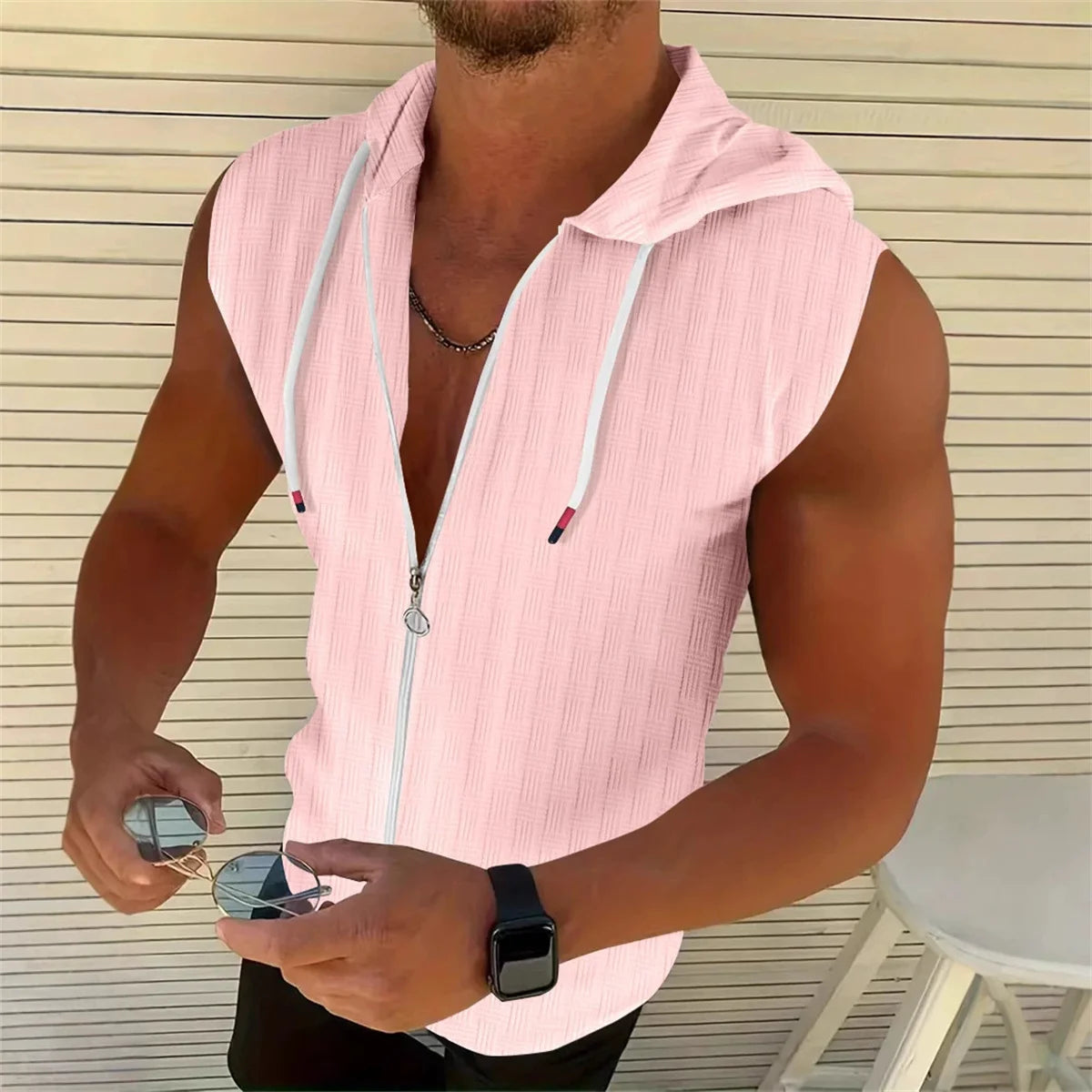 New Summer Sleeveless Zippered Jacquard Sportswear For Men 's