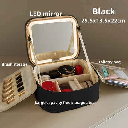 Makeup Bag With LED Mirror Large Capacity Travel Portable With Toilet Storage Bag and Mirror Women's Makeup Bag Organizer