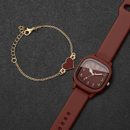 4PCS Fashion Square Women Watches Heart Bracelet Set Arabic Dial Silicone Strap Quartz Wristwatch Reloj Mujer Girls(Without Box)