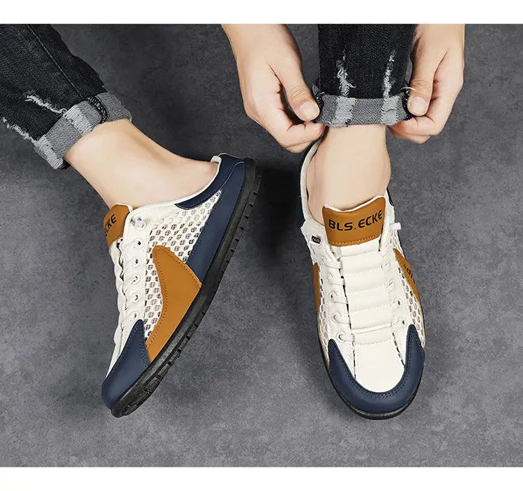 Verão masculino malha deslizamento em metade chinelos moda homem sandálias esportivas respirável qualidade casual ervilhas sapatos para homens mocassins de luxo