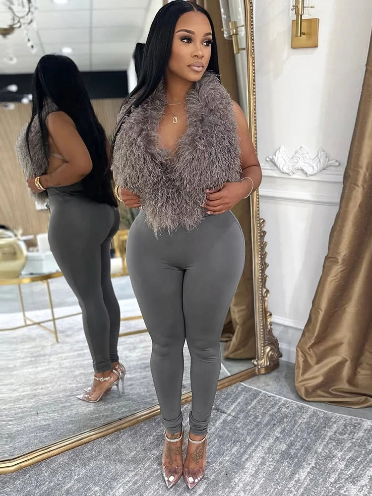 Nibber Hipster 2-Piece Set Women Plush Tassel Lace-Up Halter v-Neck Backless Vest+High Elasticity Trouser Sexy Midnight Suits