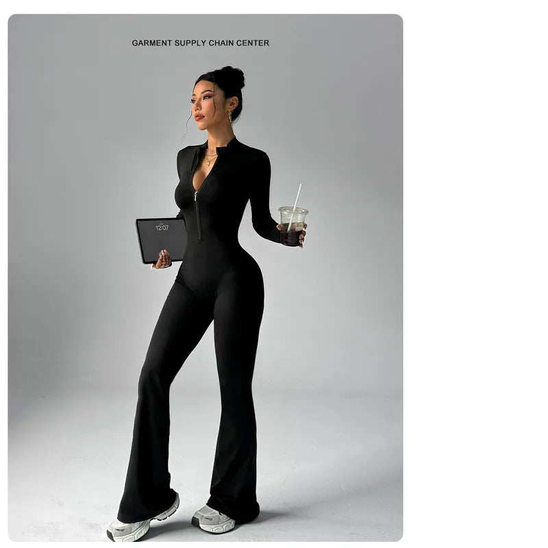 Nylon Yarn Zipper Long-sleeved Flare Pants Yoga One-piece Clothes Tight Fitness Sportswear Women's Jumpsuits