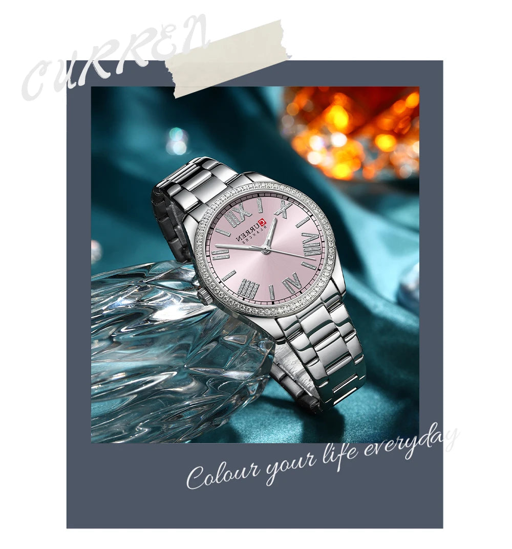 CURREN Luxury Watch Women Ring Necklace Earrings Rhinestone Fashion Wristwatch Female Casual Ladies Watches Bracelet 5PCS Set