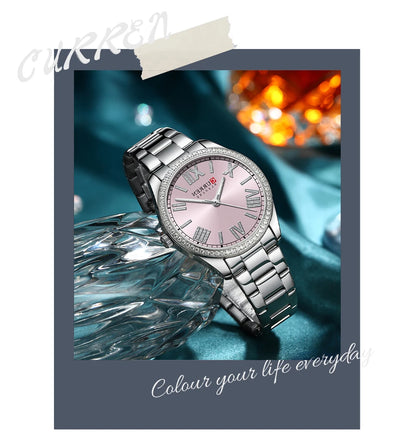 CURREN Luxury Watch Women Ring Necklace Earrings Rhinestone Fashion Wristwatch Female Casual Ladies Watches Bracelet 5PCS Set