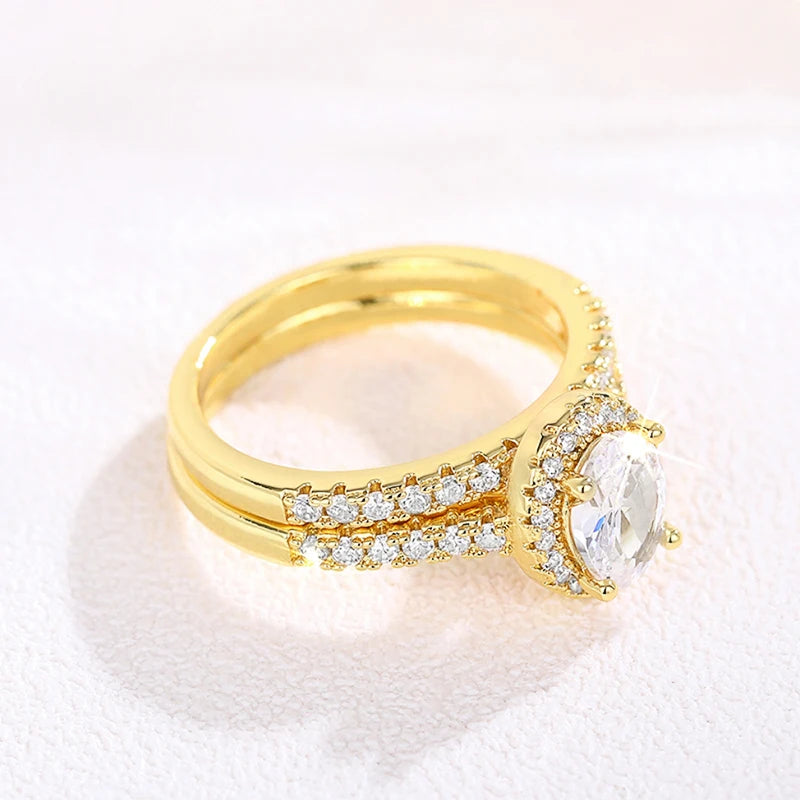 Huitan Gold Color/Rose Gold Color 2Pcs Set Wedding Rings for Women Luxury Cubic Zirconia Engagement Party Female Trendy Jewelry