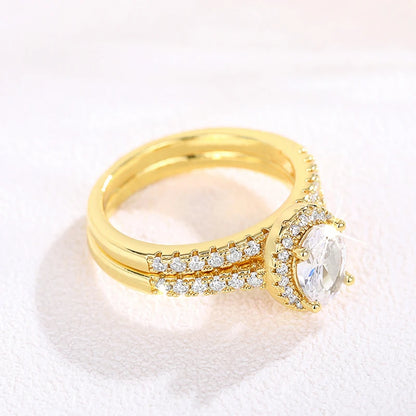 Huitan Gold Color/Rose Gold Color 2Pcs Set Wedding Rings for Women Luxury Cubic Zirconia Engagement Party Female Trendy Jewelry