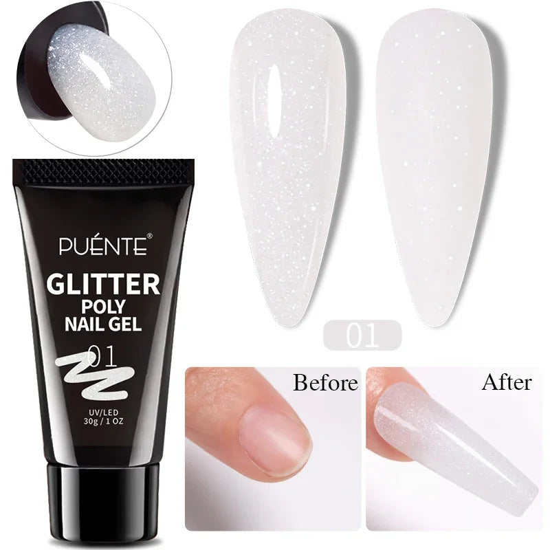 30ML Glitter Poly Nail Gel Hema Free Pink Glitter Acrylic Gel Finger Extension Nail Gel Semi-Permanent Nail Varnish For Manicure