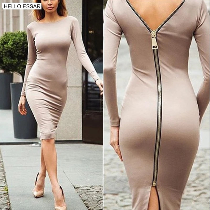 Spring new large size Bodycon dress Solid Color Round