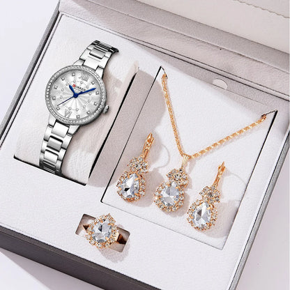 CURREN Luxury Watch Women Ring Necklace Earrings Rhinestone Fashion Wristwatch Female Casual Ladies Watches Bracelet 5PCS Set
