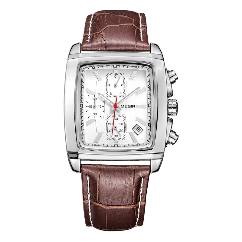MEGIR Fashion Casual Men Chronograph Quartz Watch Top Brand Military Sport Wristwatch Man Rectangle  Leather Watches Male 2028