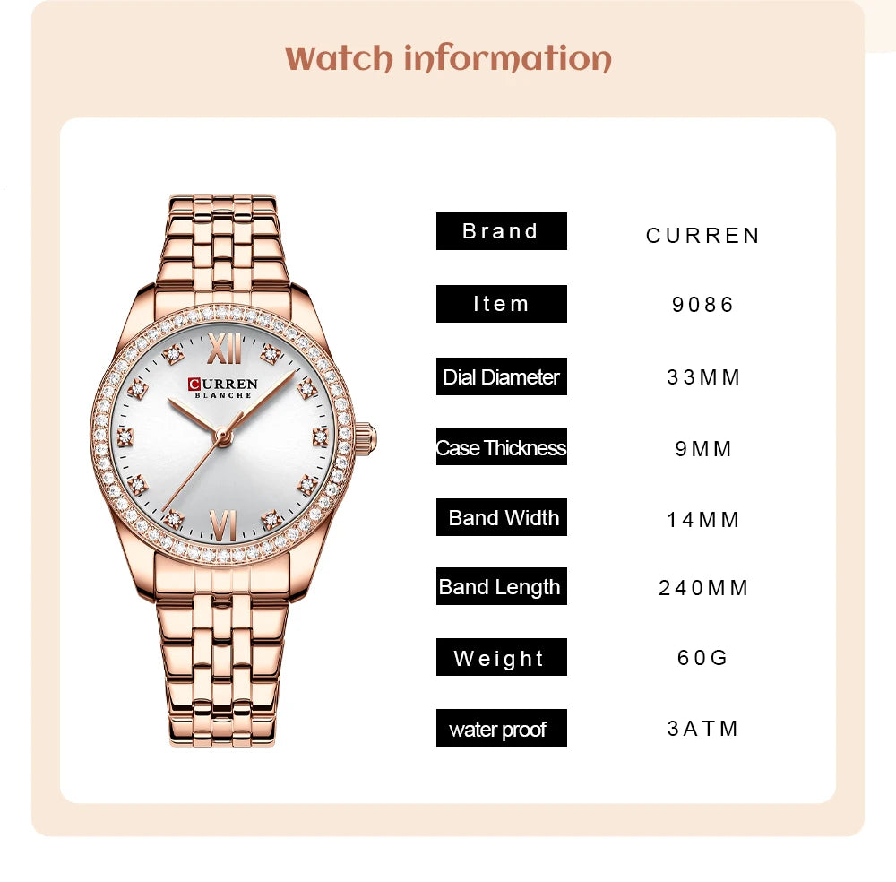 CURREN Luxury Watch Women Ring Necklace Earrings Rhinestone Fashion Wristwatch Female Casual Ladies Watches Bracelet 5PCS Set