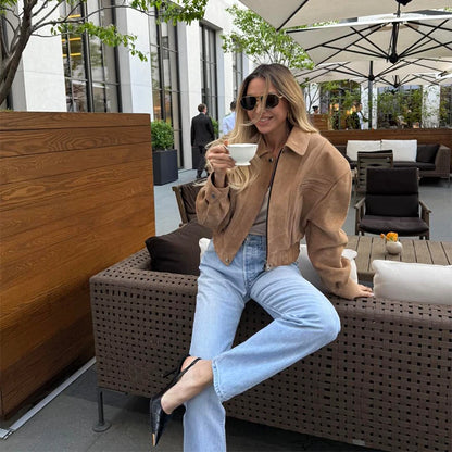 Vintage Suede Jacket For Women Long Sleeve Pocket Turn-down Collar Zipper Short Coat 2025 Autumn Winter Streetwear Lady Outwears