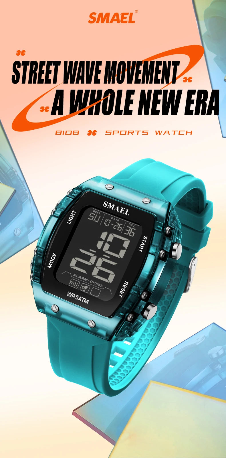 SMAEL Digital Watches Big Dial Rectangle Sport Watches LED Date 8108 Digital Watches 50m Waterproof Shockproof Men's Wristwatch