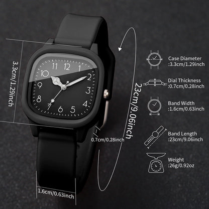 4PCS Fashion Square Women Watches Heart Bracelet Set Arabic Dial Silicone Strap Quartz Wristwatch Reloj Mujer Girls(Without Box)