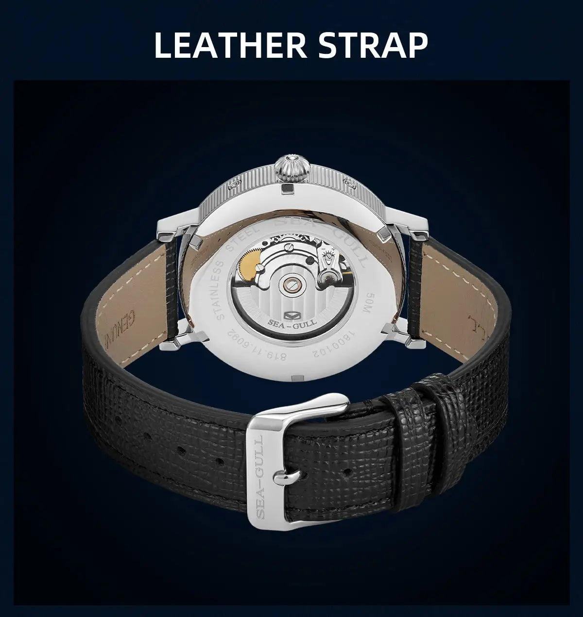 Seagull Men's Business Wristwatch Moon Phase Leather Luxury Automatic Mechannical Men's Watches 50M Waterproof relogio 6092
