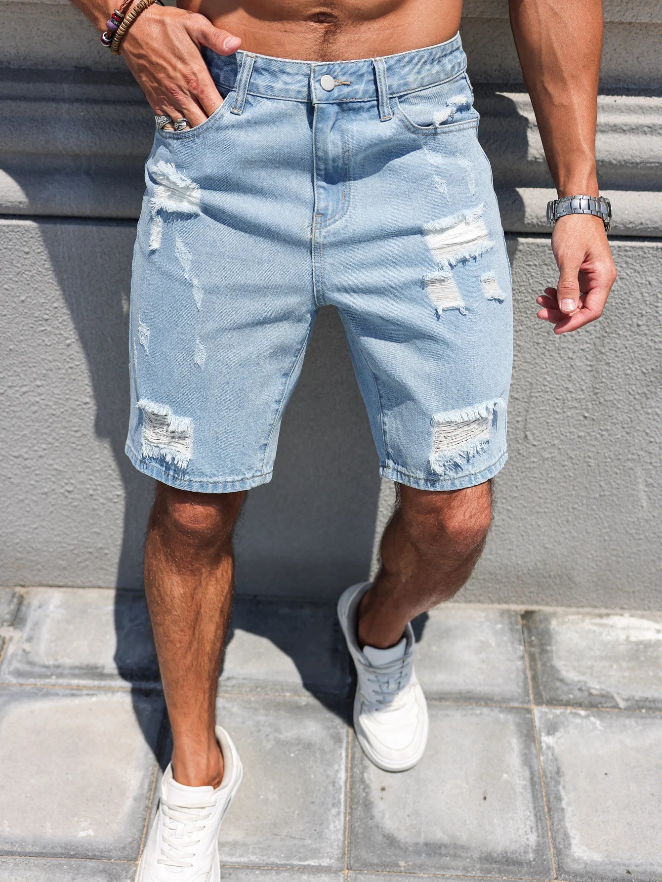Hole-washed Water Buffalo Denim Short Pants - Men's