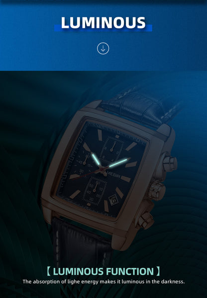 MEGIR Fashion Casual Men Chronograph Quartz Watch Top Brand Military Sport Wristwatch Man Rectangle  Leather Watches Male 2028