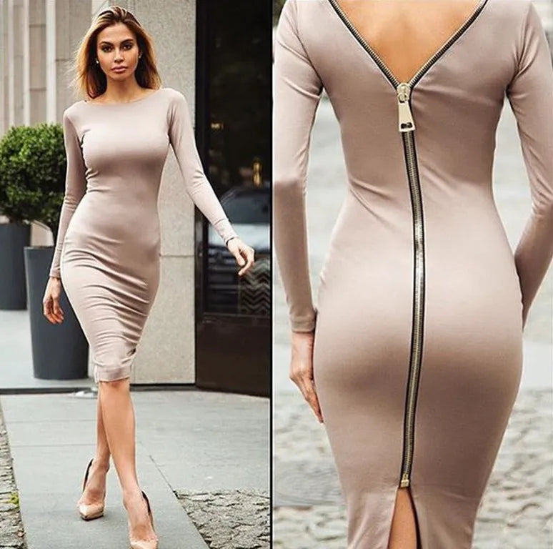 Spring new large size Bodycon dress Solid Color Round
