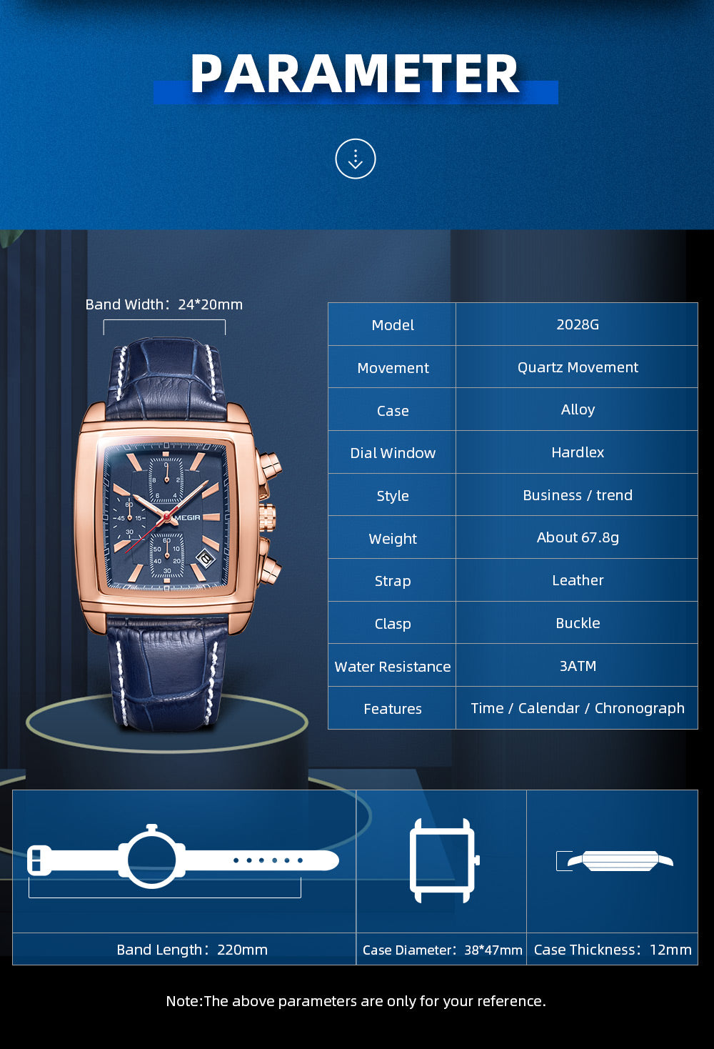 MEGIR Fashion Casual Men Chronograph Quartz Watch Top Brand Military Sport Wristwatch Man Rectangle  Leather Watches Male 2028