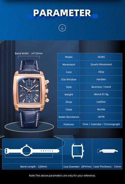 MEGIR Fashion Casual Men Chronograph Quartz Watch Top Brand Military Sport Wristwatch Man Rectangle  Leather Watches Male 2028