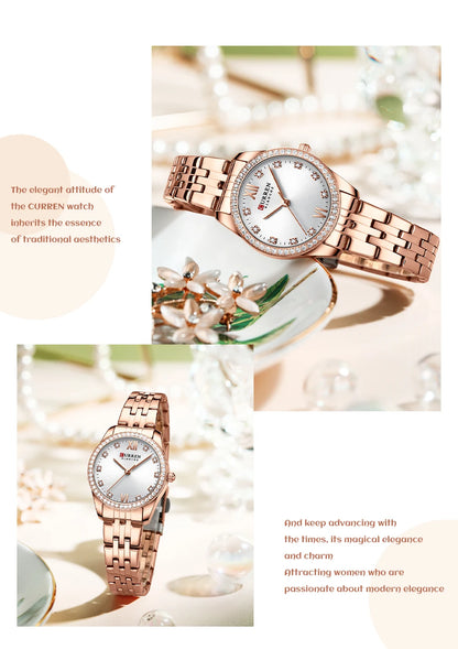 CURREN Luxury Watch Women Ring Necklace Earrings Rhinestone Fashion Wristwatch Female Casual Ladies Watches Bracelet 5PCS Set
