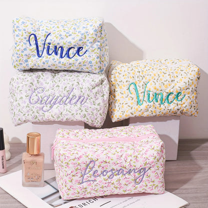 Custom Name Floral Makeup Pouch Embroidered Featuring a Floral Design Wash Bag, Travel Cosmetic Bag Suitable for Bridesmaid Gift