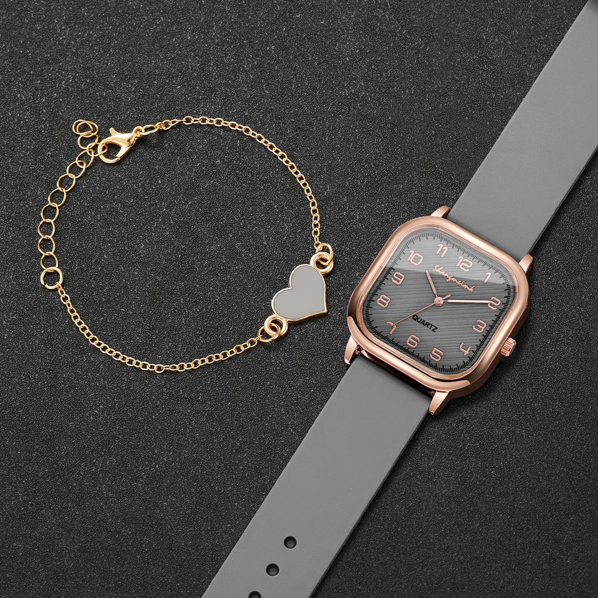 2PCS Fashion Square Arabic Dial Women Watches Heart Bracelet Set Casual Silicone Strap Quartz Watch Reloj Mujer（Without Box）