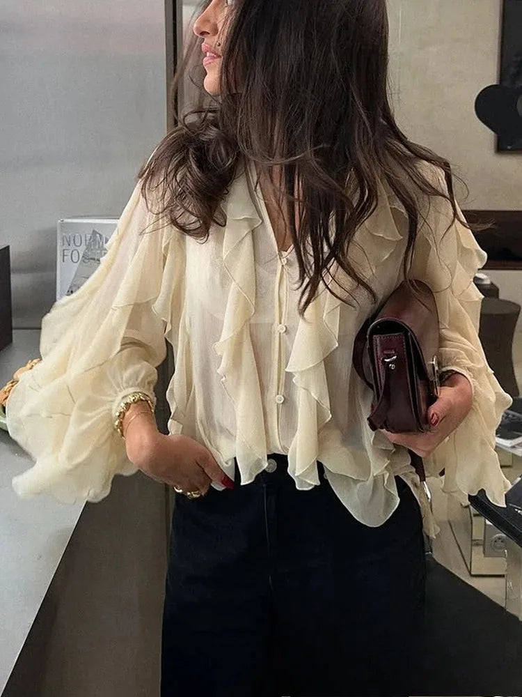 KONDALA Burgundy Mesh Ruffles Shirts For Women Elegant Long Sleeve See Through Loose Tops 2025 New Female High Street Partywear