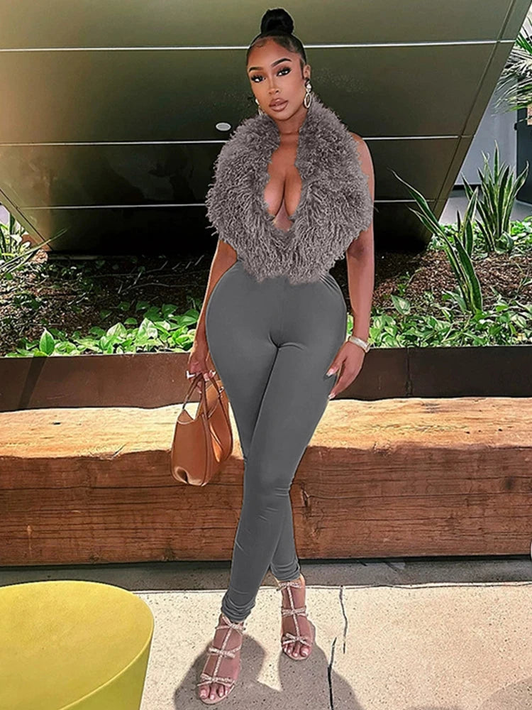 Nibber Hipster 2-Piece Set Women Plush Tassel Lace-Up Halter v-Neck Backless Vest+High Elasticity Trouser Sexy Midnight Suits