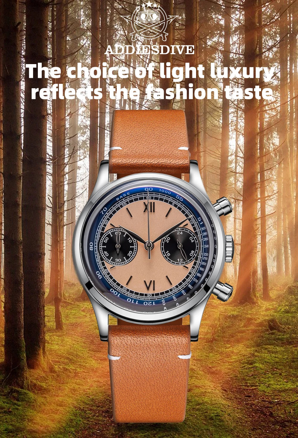 ADDIESDIVE 38mm Chronograph Quartz Watch 60min Business 100m Diving Men's Leather Watches Bubble Dome Mirror Retro Wristwatches
