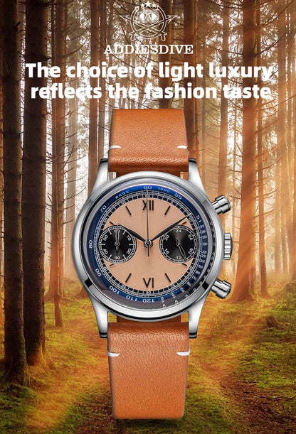 ADDIESDIVE 38mm Chronograph Quartz Watch 60min Business 100m Diving Men's Leather Watches Bubble Dome Mirror Retro Wristwatches