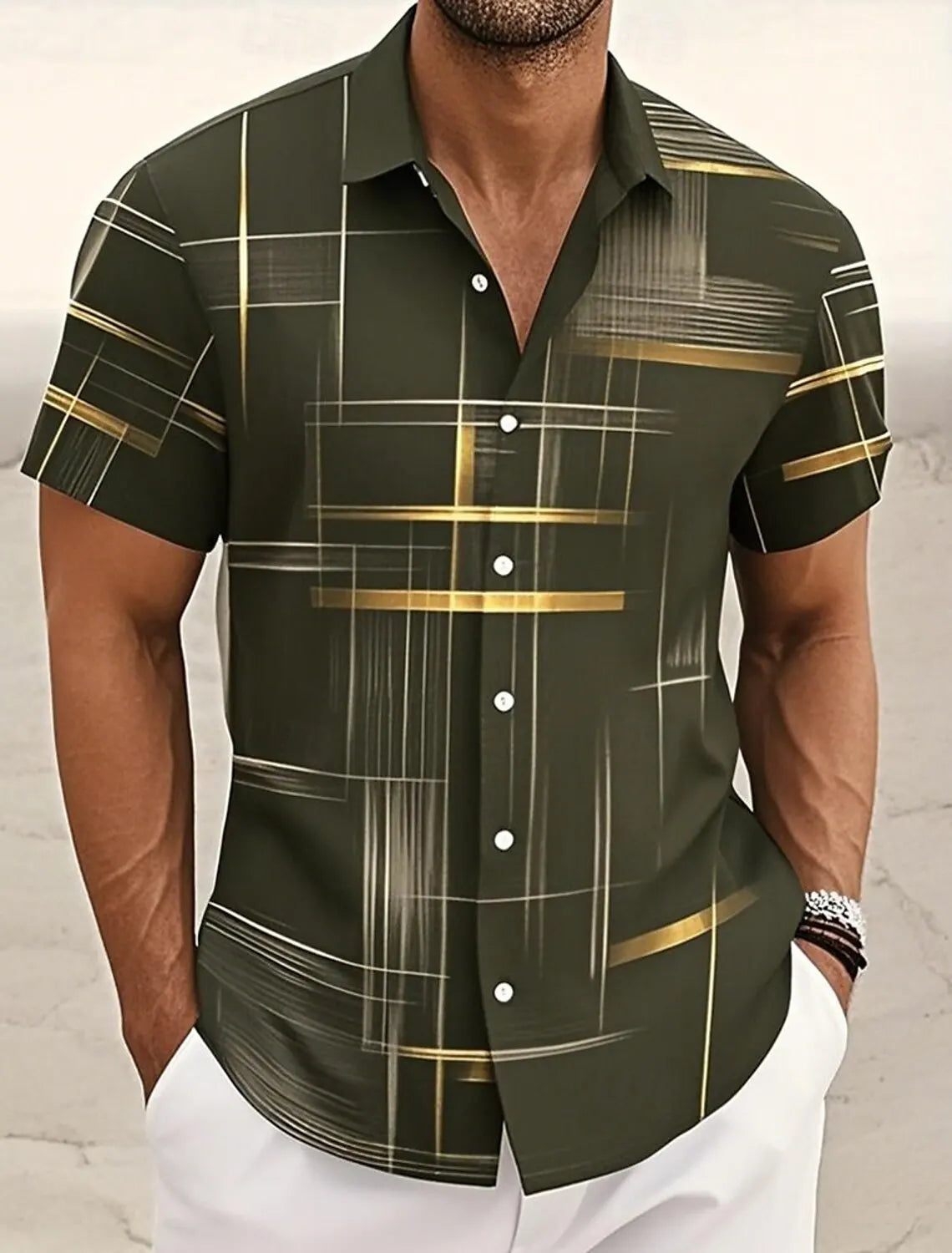 Summer Men's Geometric Grid  Plaid Shirts Short SleeveTurndown Hawaiian Shirt Button Up Shirts No Pockets Shirts