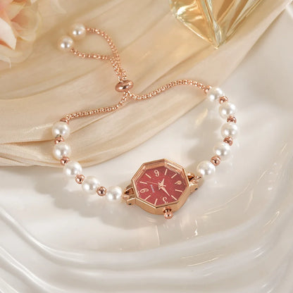 Exquisite Pearl Women Bracelet Quartz Watches Adjustable Strap Luxury Small Simple Octagonal Dial Ladies Wristwatch Gift