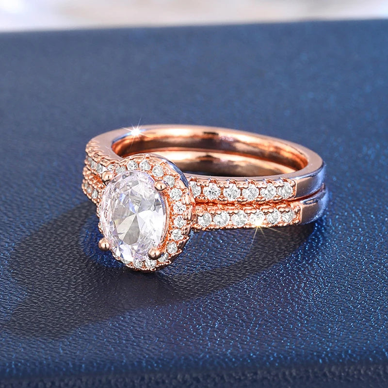 Huitan Gold Color/Rose Gold Color 2Pcs Set Wedding Rings for Women Luxury Cubic Zirconia Engagement Party Female Trendy Jewelry