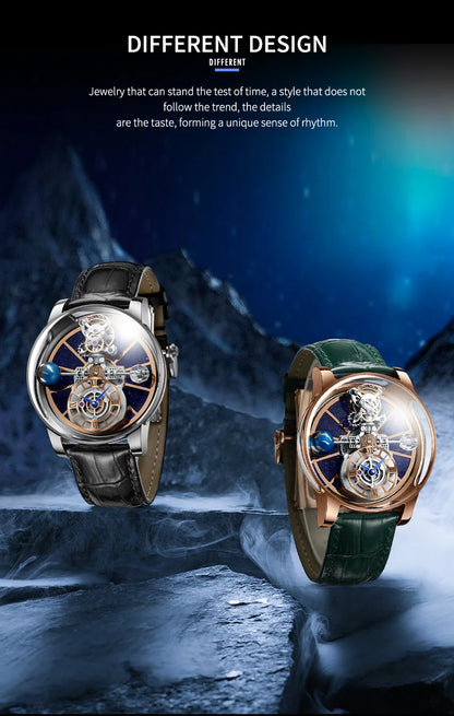 PINDU Design Man Wristwatch Transparent Hollow Design Celestial Roulette Quartz Watches Water Resistant Leather Men's Watch Box